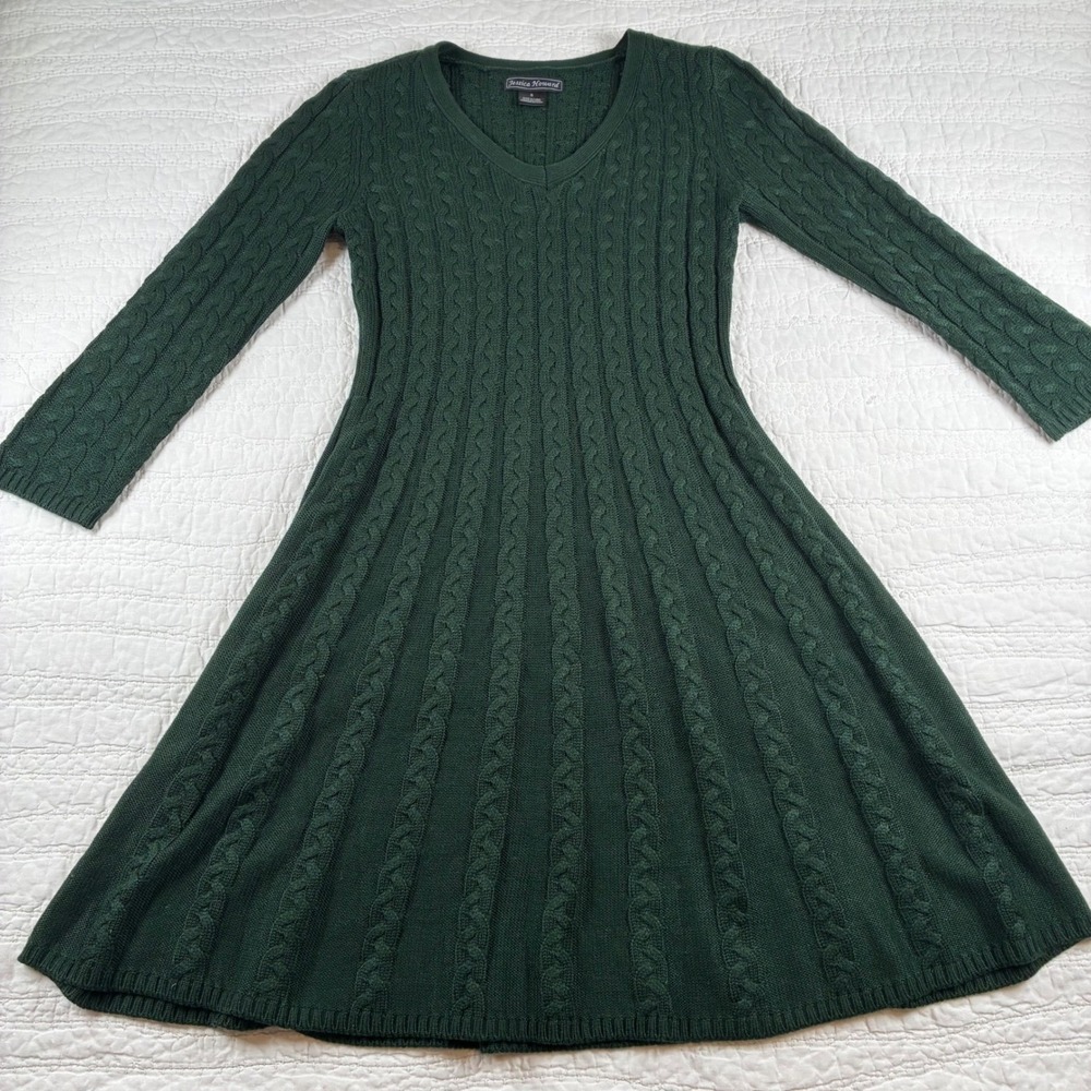 Jessica Howard Sweater Dress S Emerald Green Cable Knit V-Neck Fit Flare Cottage